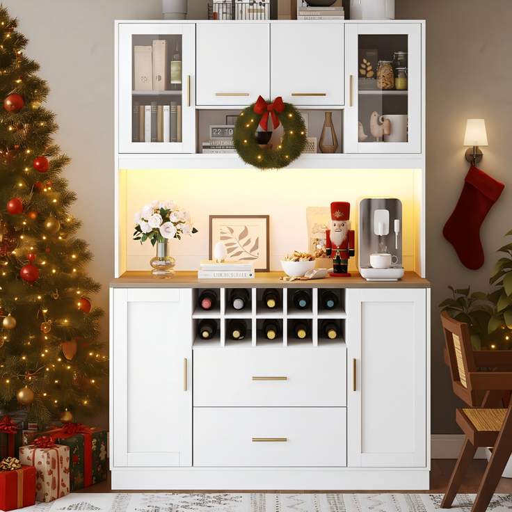 EINHOM Seitenschrank, Aufbewahrungsschrank, Küchenschrank, Anrichte, 120 x 36, 3 x 180 cm, mit LED-Beleuchtung und Steckdose, Sechs Türen, Zwei große Schubladen, Schwarz/weiß, Weiß – Bild 3