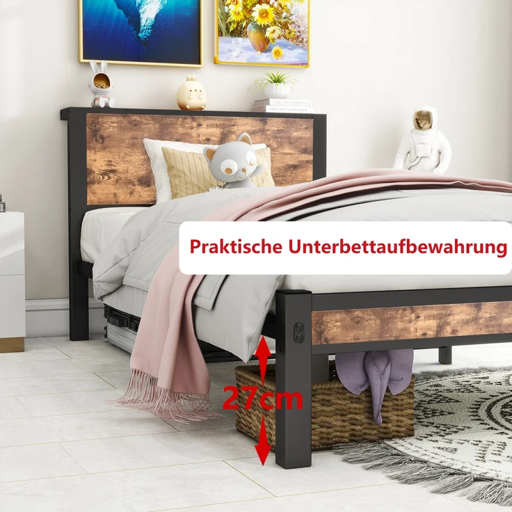 Bett 90x200 cm mit Stauraum – Einzelbettgestell aus MDF und Metall in Antique brown – Bild 4