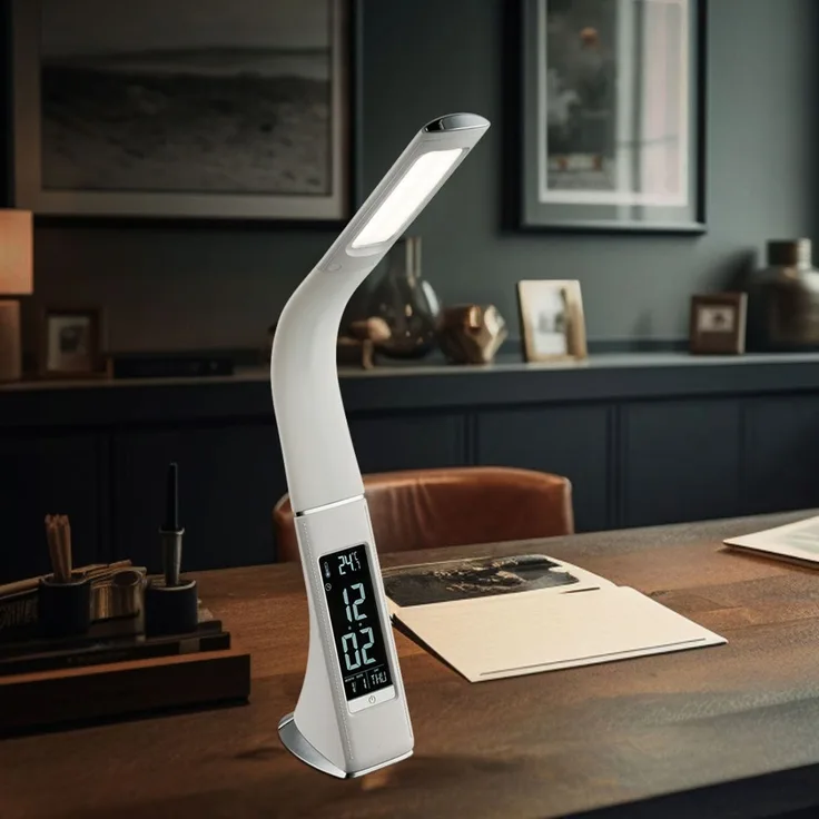 LED Tischlampe, weiß, Touchdimmer, Uhr, Wecker, Flexo
