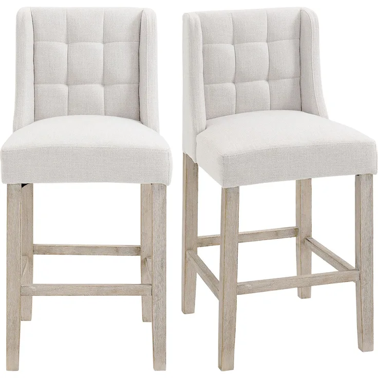 2er-Set Barhocker mit Knopfheftung, Massivholz, inkl. Fußstütze, 47 cm x 50 cm x 101 cm, Grau + Natur--Beige--101x50x47cm--YOUDENOVA