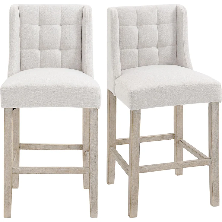 2er-Set Barhocker mit Knopfheftung, Massivholz, inkl. Fußstütze, 47 cm x 50 cm x 101 cm, Grau + Natur--Beige--101x50x47cm--YOUDENOVA – Bild 1