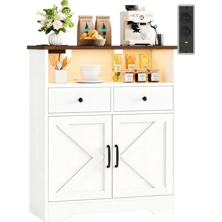 IRONCK Küchenschrank Sideboard mit LED & Steckdose 2AC+1USB+1USB-C, Weiß | Buffetschrank 2 Schubladen 2 Türen, Küchenbuffet Kaffeebar Schrank für Esszimmer Wohnzimmer, verstellbare Ablage 79.8×35×95cm