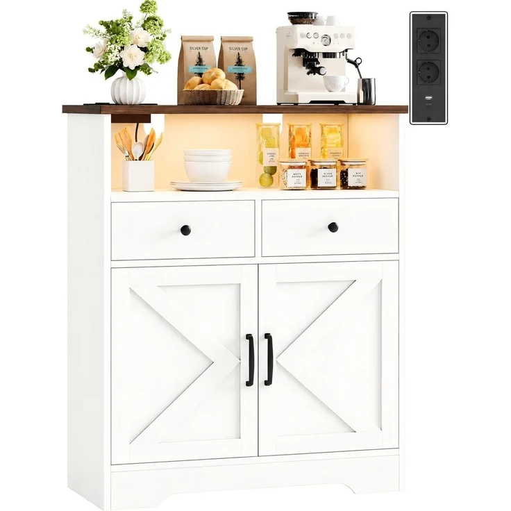 IRONCK Küchenschrank Sideboard mit LED & Steckdose 2AC+1USB+1USB-C, Weiß | Buffetschrank 2 Schubladen 2 Türen, Küchenbuffet Kaffeebar Schrank für Esszimmer Wohnzimmer, verstellbare Ablage 79.8×35×95cm