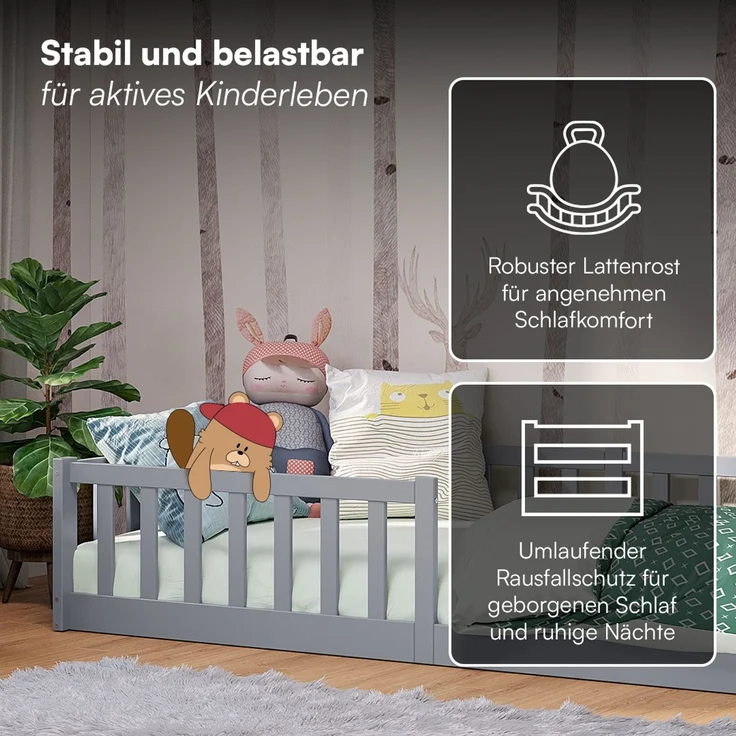Bellabino 'Vere' Bodenbett 90x200 cm, grau, Massivholz Kiefer, Montessori Kinderbett mit Rausfallschutz und Lattenrost – Bild 5