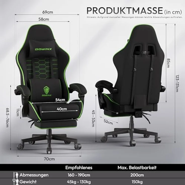 Dowinx Gaming Stuhl Tasche Frühling Kissen, Atmungsaktiver Bürostuhl aus Hochwertigem Stoff, Ergonomischer PC-Stuhl mit Kopfstütze, Drehbarer Schreibtischstuhl mit Fußstütze (Schwarz und Grün) – Bild 4