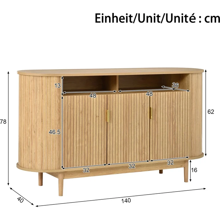 DESVIAE Sideboard Natur aus MDF/Spanplatte – 140x78x40 cm – 3 Türen, Kiefernholzfüße – Bild 10