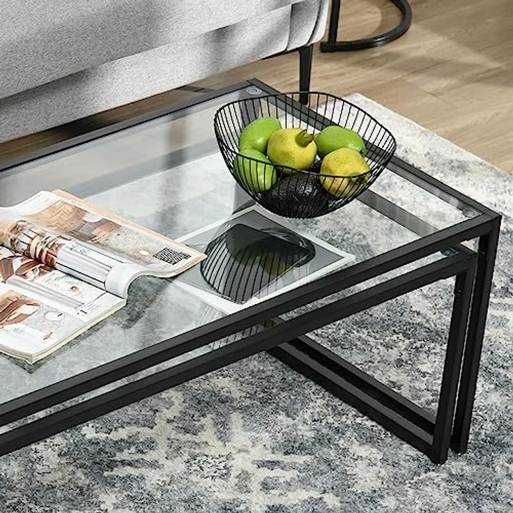 HOMCOM Couchtisch-Set, Transparentes Glas und schwarzes Metall, 2-teilig, stapelbar, 56x44,5x119 cm – Bild 8