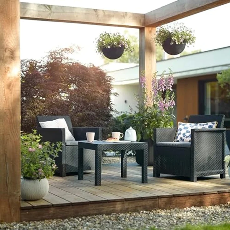 Keter Emma Balcony Gartenmöbel-Set aus Rattan mit 2 Sesseln und Tisch, Graphit – Bild 5