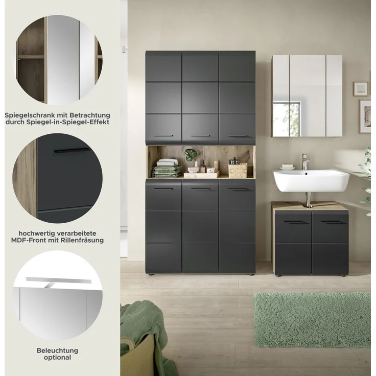 Badkombination (B/H/T: 165x185x46 cm) in schwarz matt und Nox Oak Nachbildung – Bild 8
