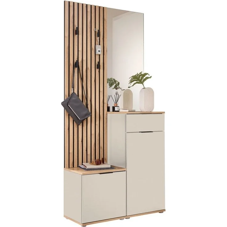 moebel-dich-auf Kompaktgarderobe EASY (Paneel + Bank + Spiegel + Schuhschrank, in 2 Farbvarianten, Lamellenoptik) 88 cm breit – Bild 5
