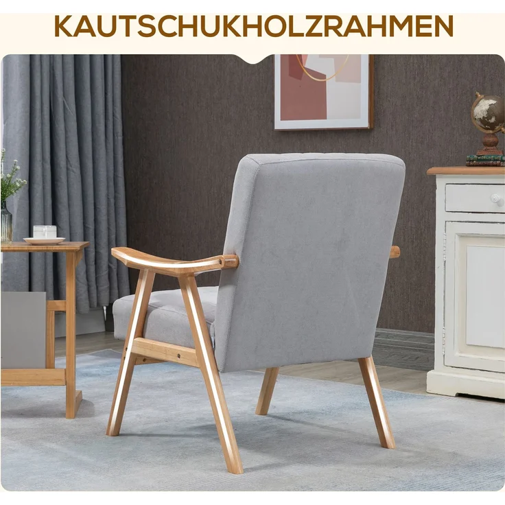 Ohrensessel Polsterstuhl mit Armlehnen Loungesessel Relaxsessel Skandi-Design Gummiholzbeine Hellgrau für Wohnzimmer & Entspannung--Hellgrau--68x74x82cm--YOUDENOVA – Bild 5