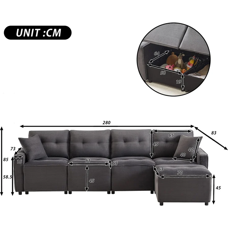 Merax 280cm Großes Sofa, 4-Sitzer Corduroy Sofa, mit Stauraum unter den Sitzflächen, inklusive eines frei platzierbaren Hockers, Grau – Bild 4