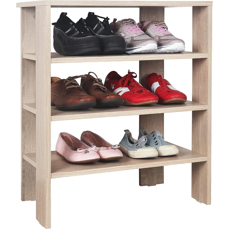 RICOO Schuhregal schmal und hoch 70 x 55 x 32 cm Standregal Pressholz Eiche Sonoma Braun WM039-ES, Schuhständer mit 3 Ebenen, Schuhschrank offen, Schuhablagen Flur Rack, Schuhablage klein, Schuhregale
