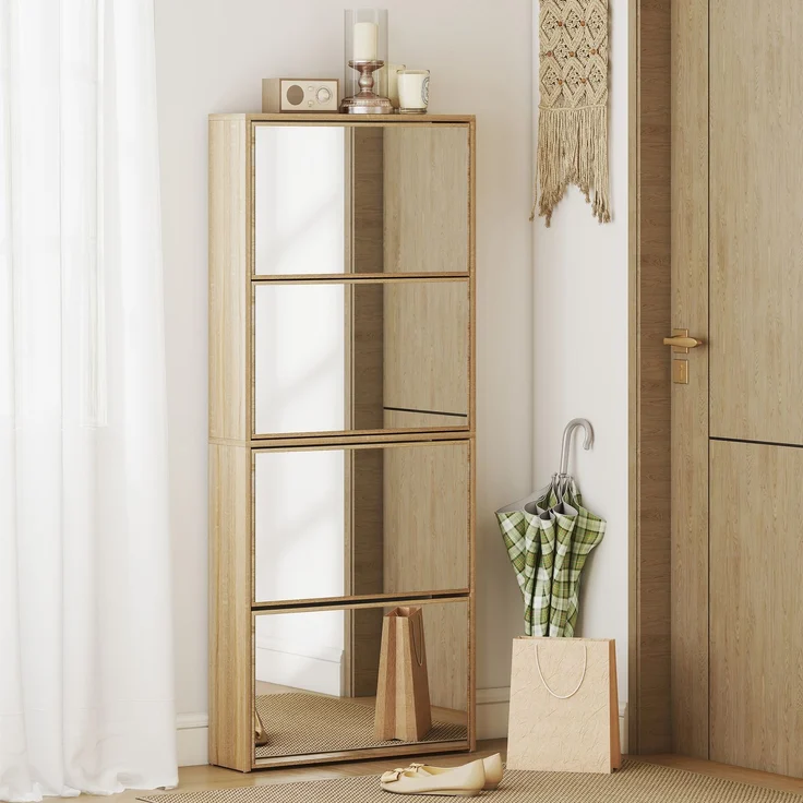 Spiegel-Schuhschrank mit 4 Türen, kippsicher, aus Holz, 63 x 17 x 146 cm, Farbe: Holz – Bild 10