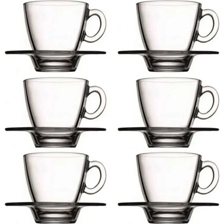 Pasabahce Aqua Service Kaffeetassen mit Teller, Glas, Transparent, 6 Stück 12 Teilig