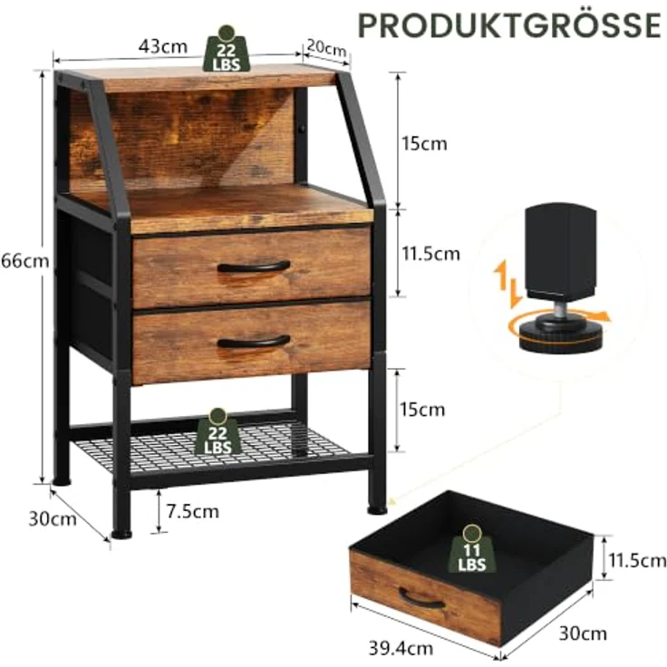 Feonase Nachttisch mit 2 Stoffschubladen, Nachtschrank mit 3 Etagen Stauraum, stabiles Metallgestell, Wohnzimmer modern, Rustikales Braun – Bild 3