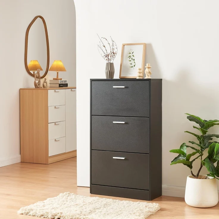 Schuhschrank Sykkylven 103x60x24 cm mit 3 Klappen Schwarz [en. casa] – Bild 2