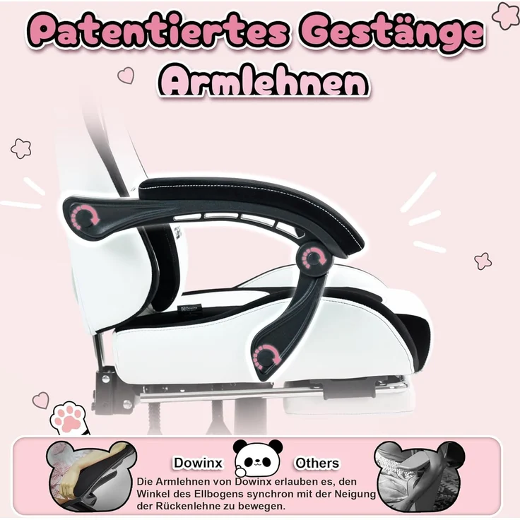 Dowinx Gaming Stuhl - Süße Panda Edition - Ergonomischer Computerstuhl mit Hoher Rückenlehne und Lendenwirbelstütze, PU-Leder, Fußstütze, Panda – Bild 4