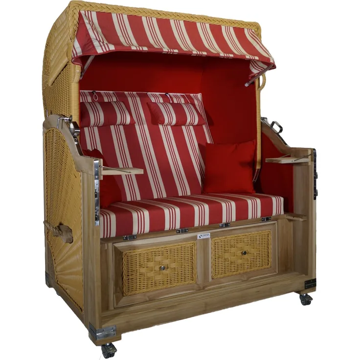 Strandkorb Teak XL rot /weiß Multistreifen 2½ Sitzer