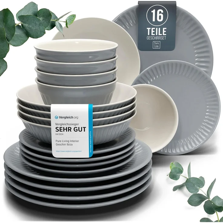 Steingut Geschirrset 4 Personen Hygge 16 tlg. TESTSIEGER, Traumhaftes Skandinavisches Steingut Geschirr Set, Schüssel- und Teller Set, Tafelservice 4 Personen, Geschirrsets Pure Living in Graublau