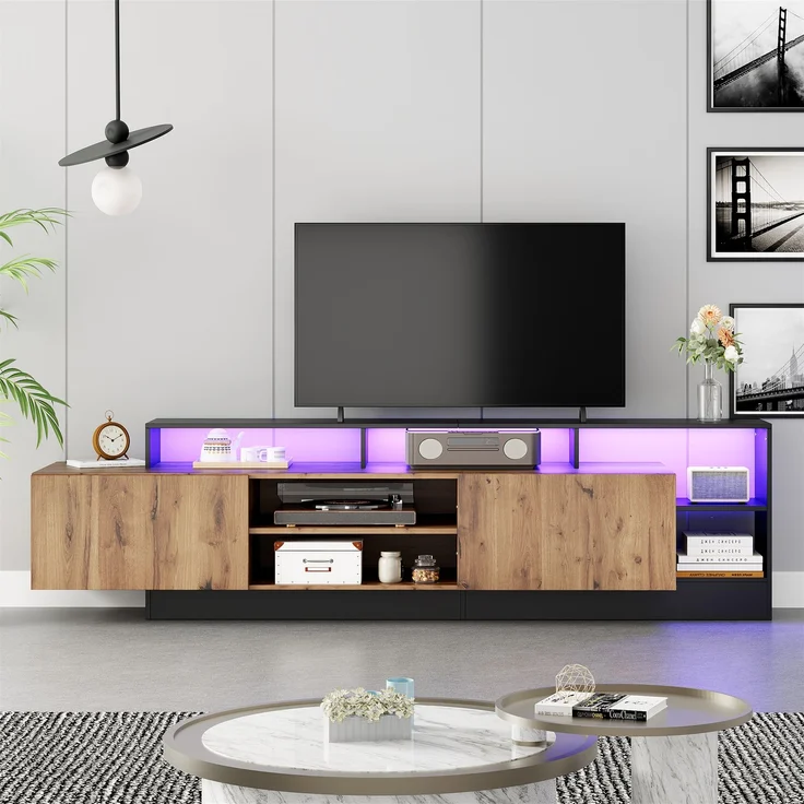 TV-Schrank in Holz & Schwarz,mit 2 herunterklappbare Türen, offene mittige Schubladen, LED-Fernbedienung 16 Farben 4 Modi – Bild 4