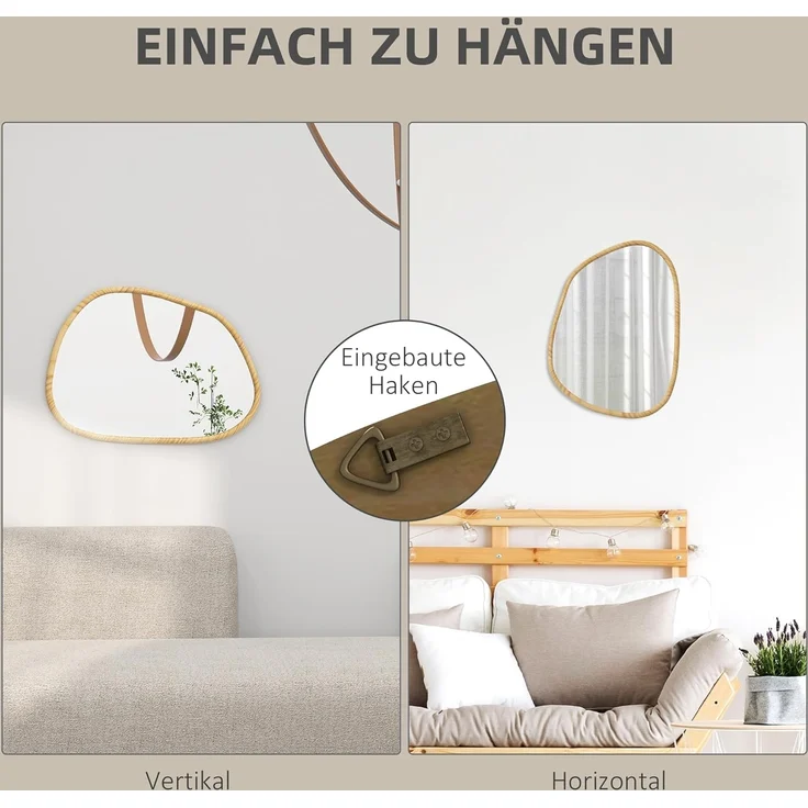 HOMCOM Wandspiegel Asymmetrisch, 70 x 50 cm Badezimmerspiegel mit Holzrahmen (Badezimmerspiegel, 1-St, Dekospiegel), für Bad, Wohnzimmer, Flur, Schlafzimmer, Natur – Bild 4
