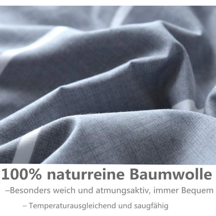 Bettwäsche 135x200 Baumwolle Winter Sommer Grau Gestreift Reißverschluss – Bild 5