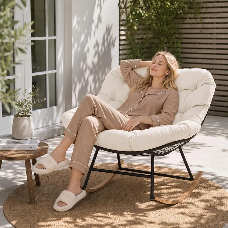Aoxun Schaukelstuhl Outdoor,Schaukelsessel für Indoor,Relaxsessel Garten,92.5x 104x77.5cm, Wetterfester Gartenstuhl Bequem,bis 150KG, Beige – Bild 1