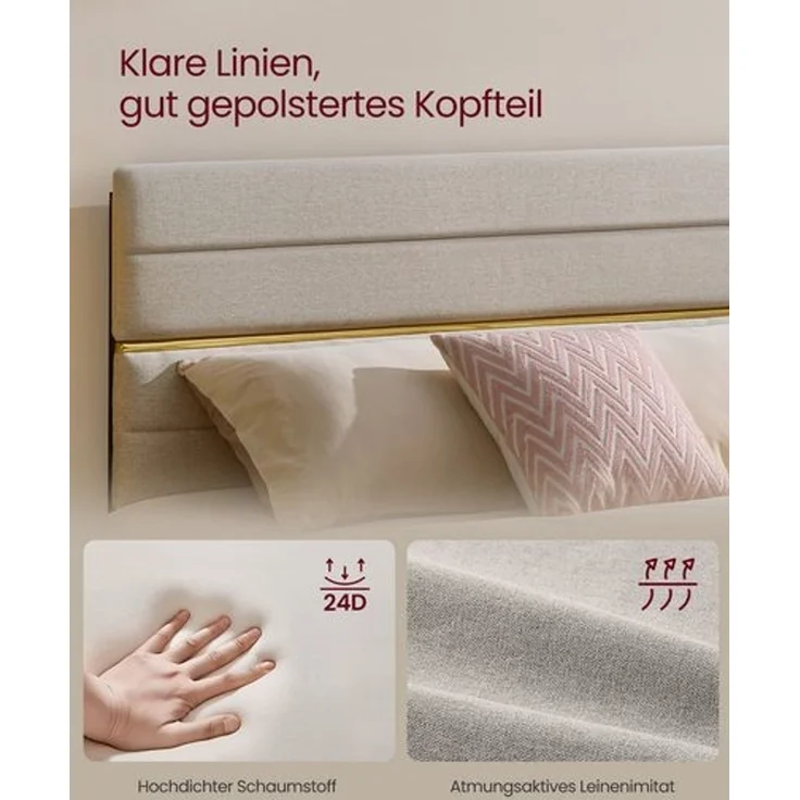 VASAGLE Bettgestell, Doppelbettgestell, passend für 140 x 200 cm Matratze, verstellbares gepolstertes Kopfteil, modern, beige – Bild 3