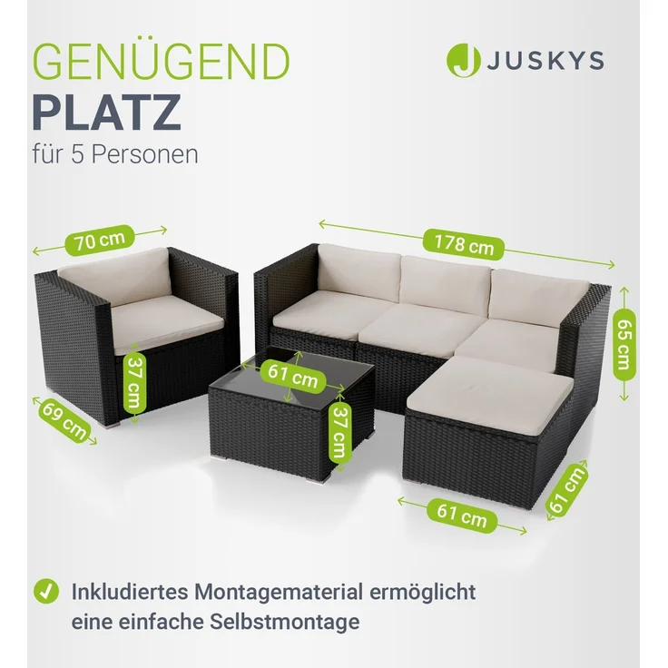 Juskys Polyrattan Lounge Punta Cana L schwarz inkl. Abdeckung – Gartenlounge für 4-5 Personen – Sitzgruppe mit Sessel, Sofa, Tisch & Hocker - Sitzbezüge Dunkelgrau – Bild 4