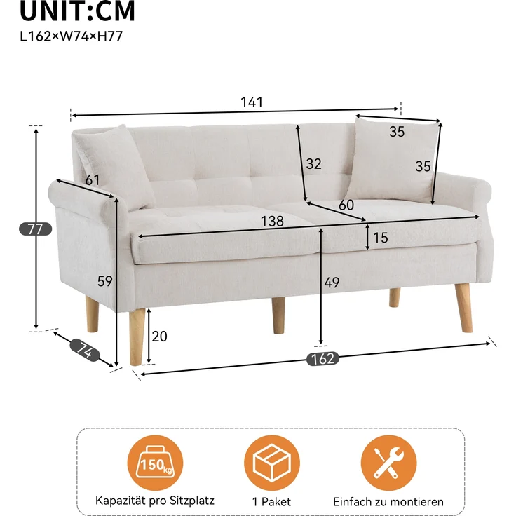 Chenille Kompaktsofa mit Federkern & hohen Massivholzfüßen, 162x74x77 cm, Beige – Bild 10