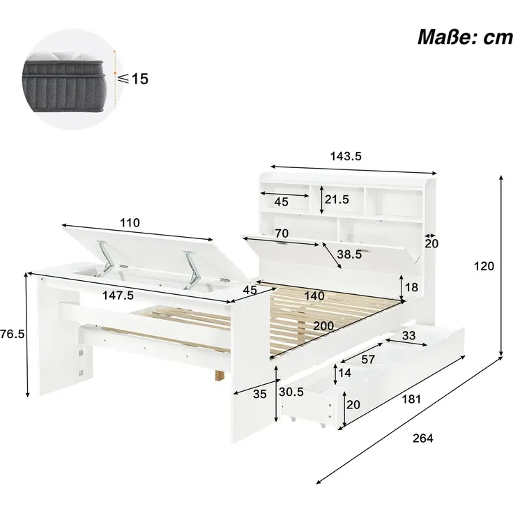 Kinderbett mit Stauraum und Klapptisch, mit Lattenrost, Regal, Schrank, Schubladen und Klapptisch, Holzbett, Stauraumbett, 90x200 cm – Bild 4