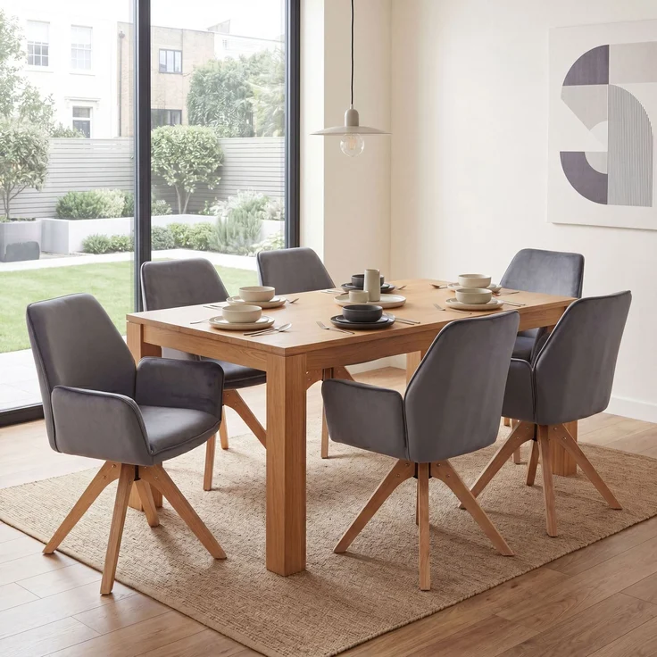 6er-Set Esszimmerstuhl HWC-G67, Esstischstuhl Küchenstuhl mit Armlehne, drehbar Holz Samt 320 g/m² MVG ~ dunkelgrau – Bild 1