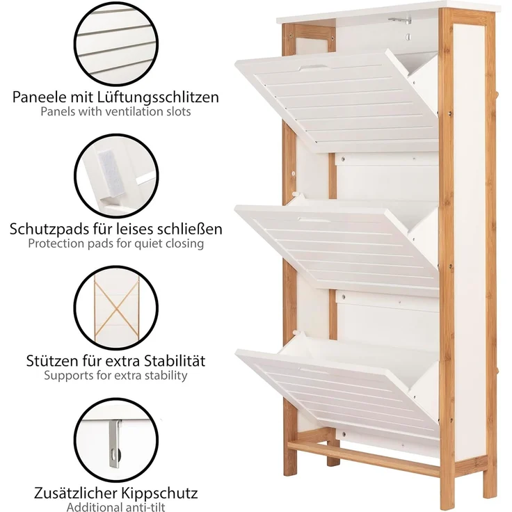 ONVAYA Schuhschrank Bambus Schuhkipper in Weiß, Platzsparender Schuhkipper mit 3 Klappen – Bild 4
