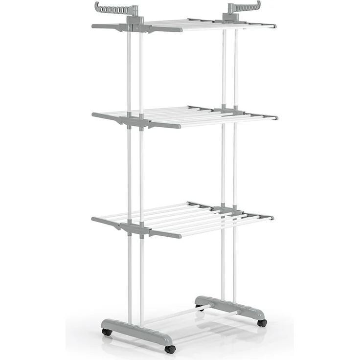 EASYmaxx Klappbarer Wäscheständer | Effizientes Trocknen mit 3 Ebenen, 2 Seitenflügeln & leichtem Aufbau | Platzsparend, vielseitig und mobil für drinnen und draußen, Grau/Weiß – Bild 1