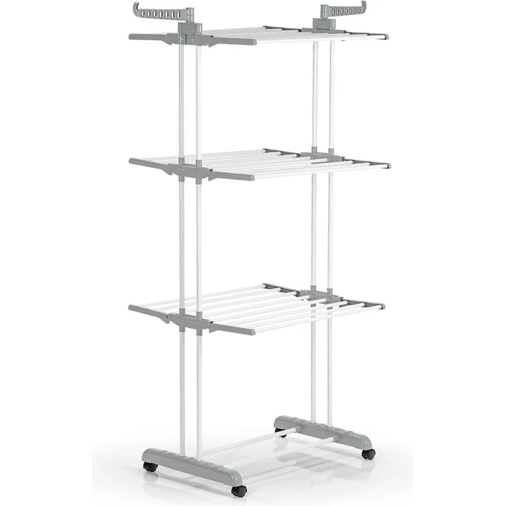 EASYmaxx Klappbarer Wäscheständer | Effizientes Trocknen mit 3 Ebenen, 2 Seitenflügeln & leichtem Aufbau | Platzsparend, vielseitig und mobil für drinnen und draußen, Grau/Weiß