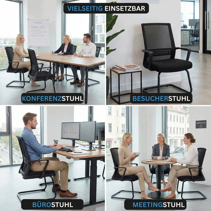 VALKENSTOL K1 - Besucherstuhl Freischwinger Schwarz mit Armlehne - Konferenzstuhl - Bürostuhl ohne Rollen - 2er Pack – Bild 5