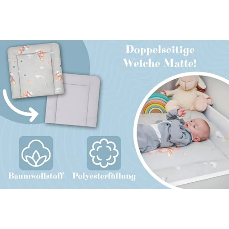 Wickelauflage Wickelunterlage aus Baumwolle 75x72 cm - Weich und waschbar Wickelunterlage für Babys Wickelmatte aus Stoff für Wickeltisch Wickelkommode oder Waschmaschine 75x72 Kaninchen – Bild 5