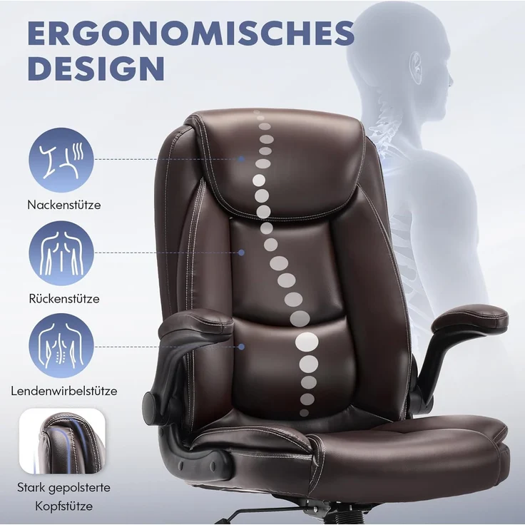 COLAMY Ergonomischer Bürostuhl, Office Bürostuhl Ergonomisch, 360° Drehung Chefsessel Schreibtischstuhl mit Hochklappbaren Armlehnen, Verstellbarer Rückenlehne, Höhe & Kippspannung, Braun – Bild 6