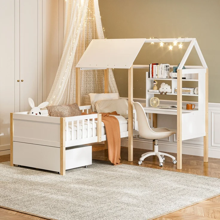 Kinderbett 90x200cm Weiß-Hellbraun Massivholz mit L-förmigem Schreibtisch, Bücherregal, Rollschubladen und Rausfallschutz – Bild 2
