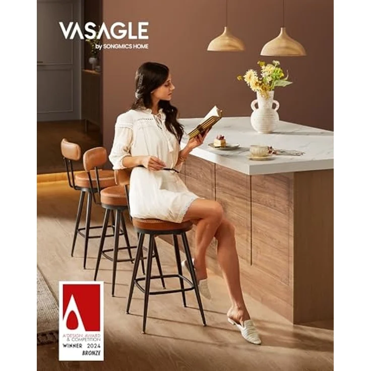 VASAGLE EKHO Kollektion - 360° drehbarer Barhocker, 2er Set, Hocker mit Rückenlehne für Kücheninsel, Kunstleder mit Nähten, Mid-Century-Modern-Stil, 65 cm hoch, Küche, Hausbar, karamellbraun – Bild 4