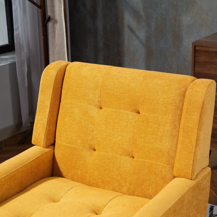 LVHOM Sessel aus Leinenstoff mit Knopfsteppung, Relaxsessel mit Massivholzbeinen, Polstersessel für Wohnzimmer & Büro, bis 130kg, Gelb – Bild 3