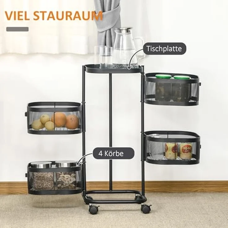 HOMCOM Servierwagen drehbar Küchenwagen mit Rollen Drahtkorb oberen Regal, (Rollwagen mit 4 Ebenen, 1 St, Küchenwagen), für Küche Büro Badezimmer, Schwarz – Bild 3