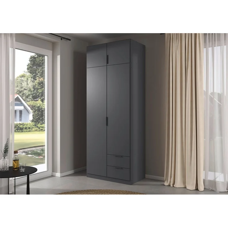 Rauch Möbel Lagoa, Kleiderschrank, Garderobe für Schlafzimmer, Kinderzimmer, Jugendzimmer 4-türig, 2 Schubladen, mit Zubehör Premium, Farbe Grau metallic, Schwarz, Breite 91 – Bild 2