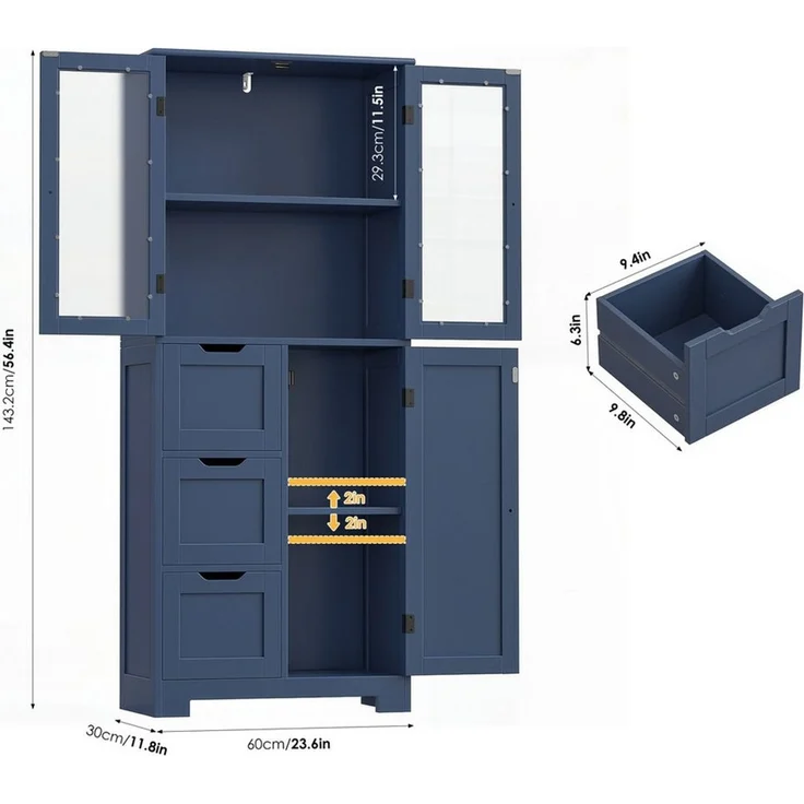 HOMECHO Hochschrank Badezimmerschrank mit 3 Türen und 3 Schubladen – Bild 2