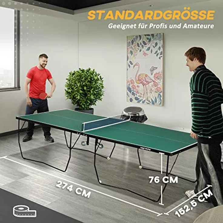 SPORTNOW Klappbarer Tischtennistisch, Indoor Tischtennisplatte mit Rollen, Set mit 2 Schlägern und 3 Bällen, Stahl, Grün, 274 x 152,5 x 76 cm – Bild 3