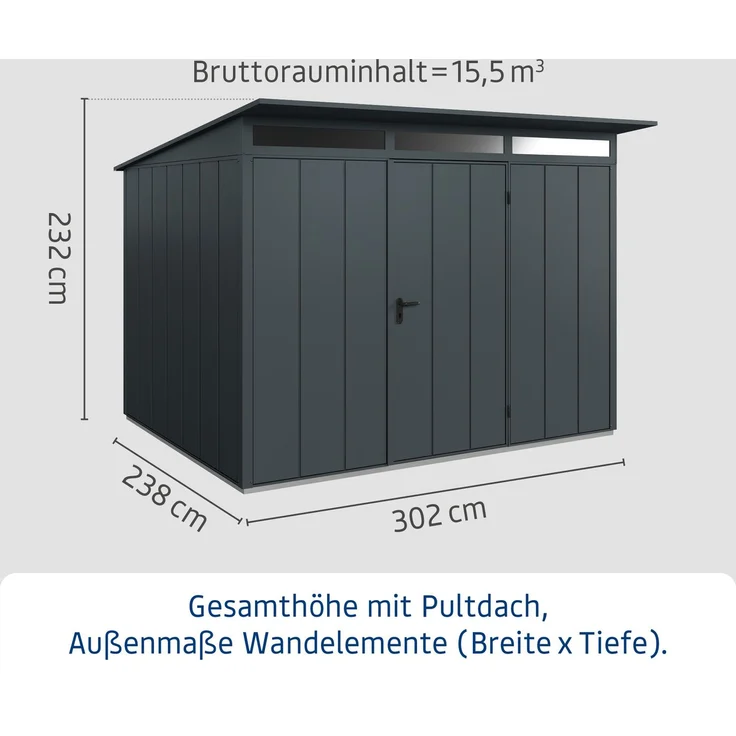 Hörmann Ecostar Metall-Gerätehaus Elegant mit Pultdach Typ 3, 238x303 cm , anthrazitgrau, 7,2 m²,1-flüglige Tür – Bild 4