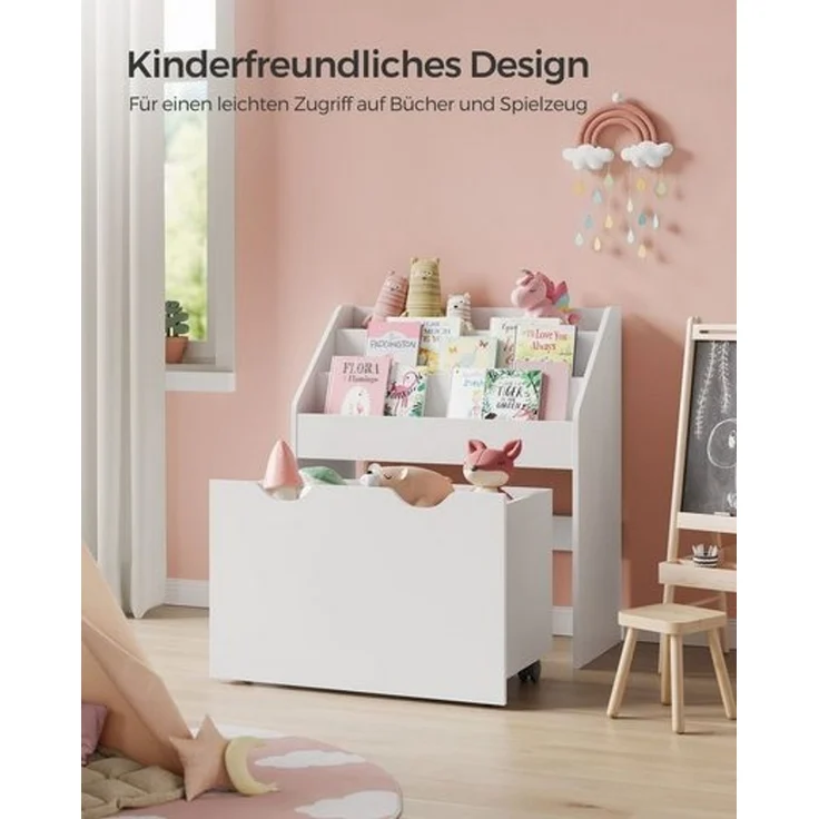 Songmics Bücherregal für Kinder, mit 3 Regalebenen und Aufbewahrungsbox auf Rollen, MDF Wolkenweiß, 29,5 x 62,5 x 70 cm – Bild 3