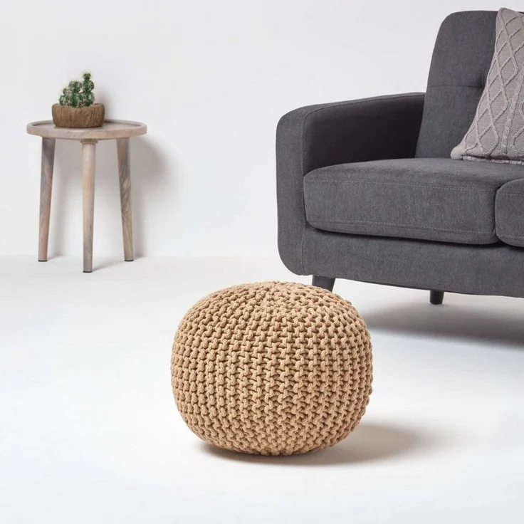 Homescapes Pouf Runder Strickpouf 100% Baumwolle, cremeweiß – Bild 2