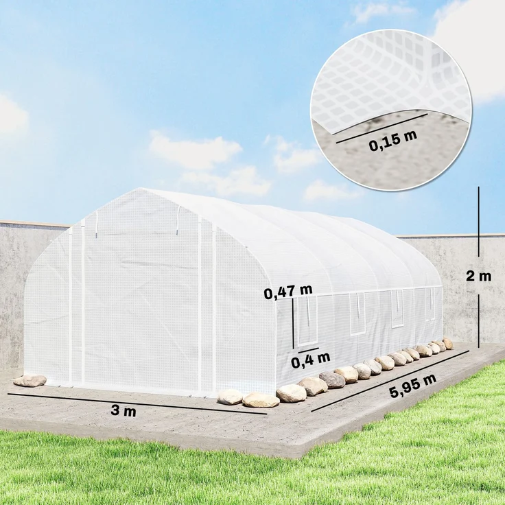MELAYR, Tunnelgewächshaus 6x3x2 m mit UV-Schutz und Rolltor mit Reißverschluss-Seitenwänden mit Mesh-Weiß – Bild 5